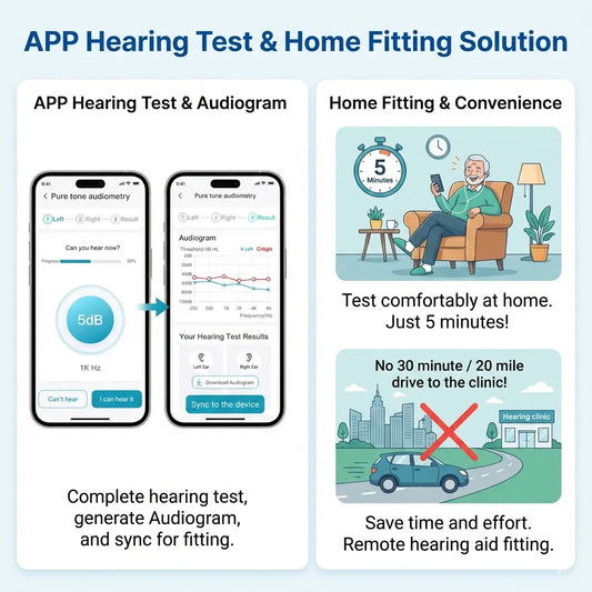 Hearing aid app test with audiogram and home fitting solution to save clinic travel time
