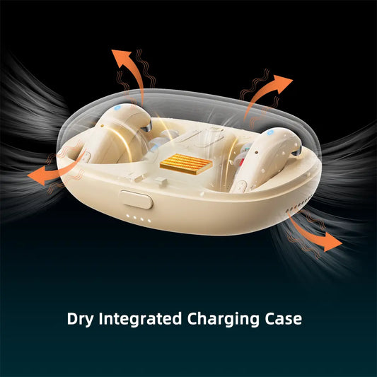 Rechargeable hearing aids in dry integrated charging case with moisture-reducing airflow design