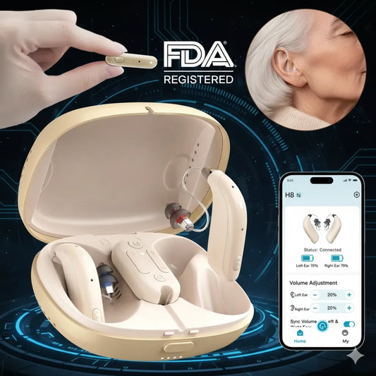 FDA registered Bluetooth rechargeable hearing aids with app control, charging case, and in-ear wearing example