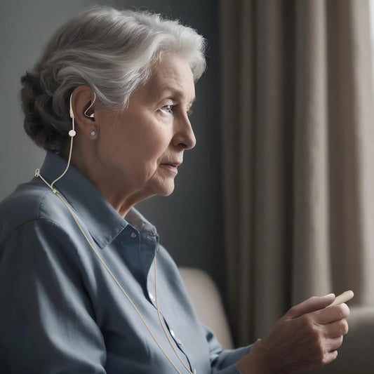 Senior woman wearing a RIC hearing aid with anti-loss cord while using a remote control at home