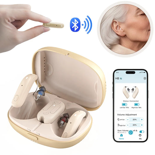 Bluetooth rechargeable RIC hearing aids with app volume control, charging case, and discreet in-ear fit